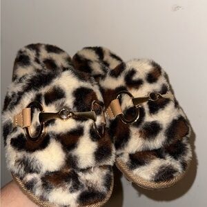 Leopard Print Fuzzy Slippers with Gold Detail